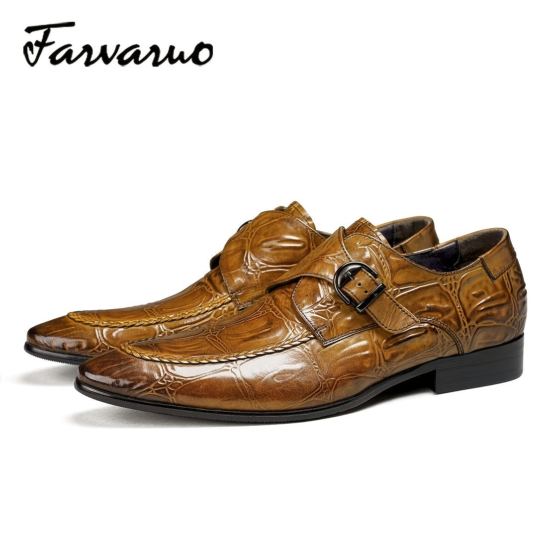 FARWARWO Crocodile Print Monk Strap Dress Shoes Pointed Toe Formal Office