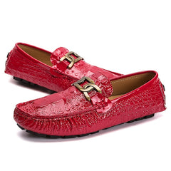 Red Metal Buckled Loafers Anti slip Round Toe Flat Casual Shoes