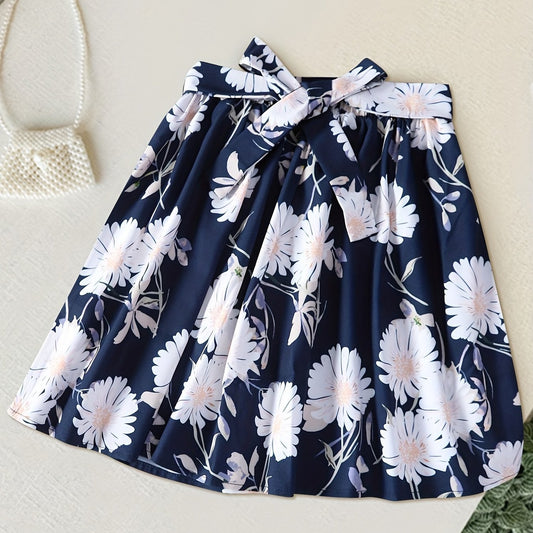 Girls Flowers Graphic Belted Skirt for Party Kids Summer Clothes