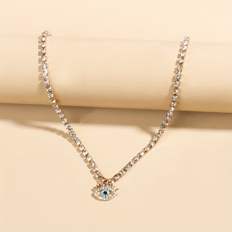 Vintage Evil's Eye Rhinestone Necklace, 18K Plated, Gift