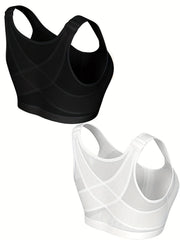 2pcs Wireless Bras Front Buckle Mesh Contrast Comfy & Breathable