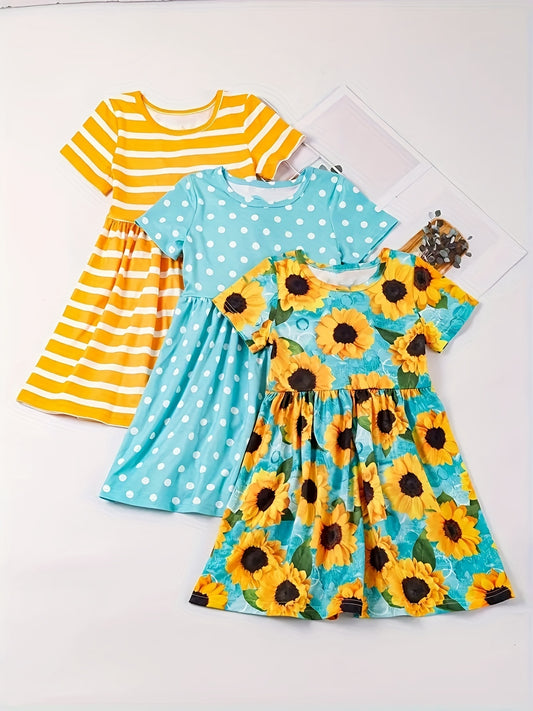 Girls Striped Sunflower Cartoon Print Flying Sleeve Dress