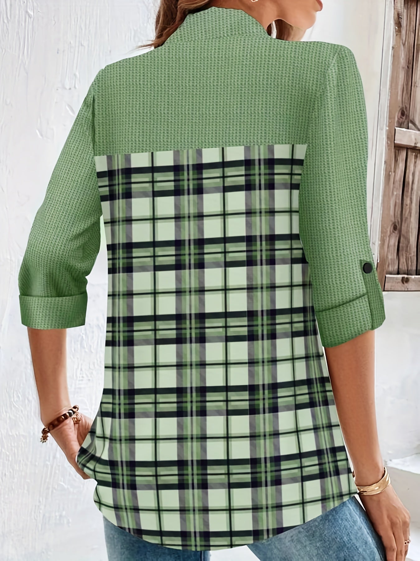  Colorblock Plaid Print Button Up Roll Up Sleeve Blouse