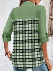  Colorblock Plaid Print Button Up Roll Up Sleeve Blouse