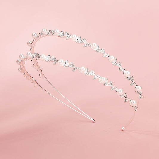 Double Layer Faux Pearls Crown Headband With Rhinestones