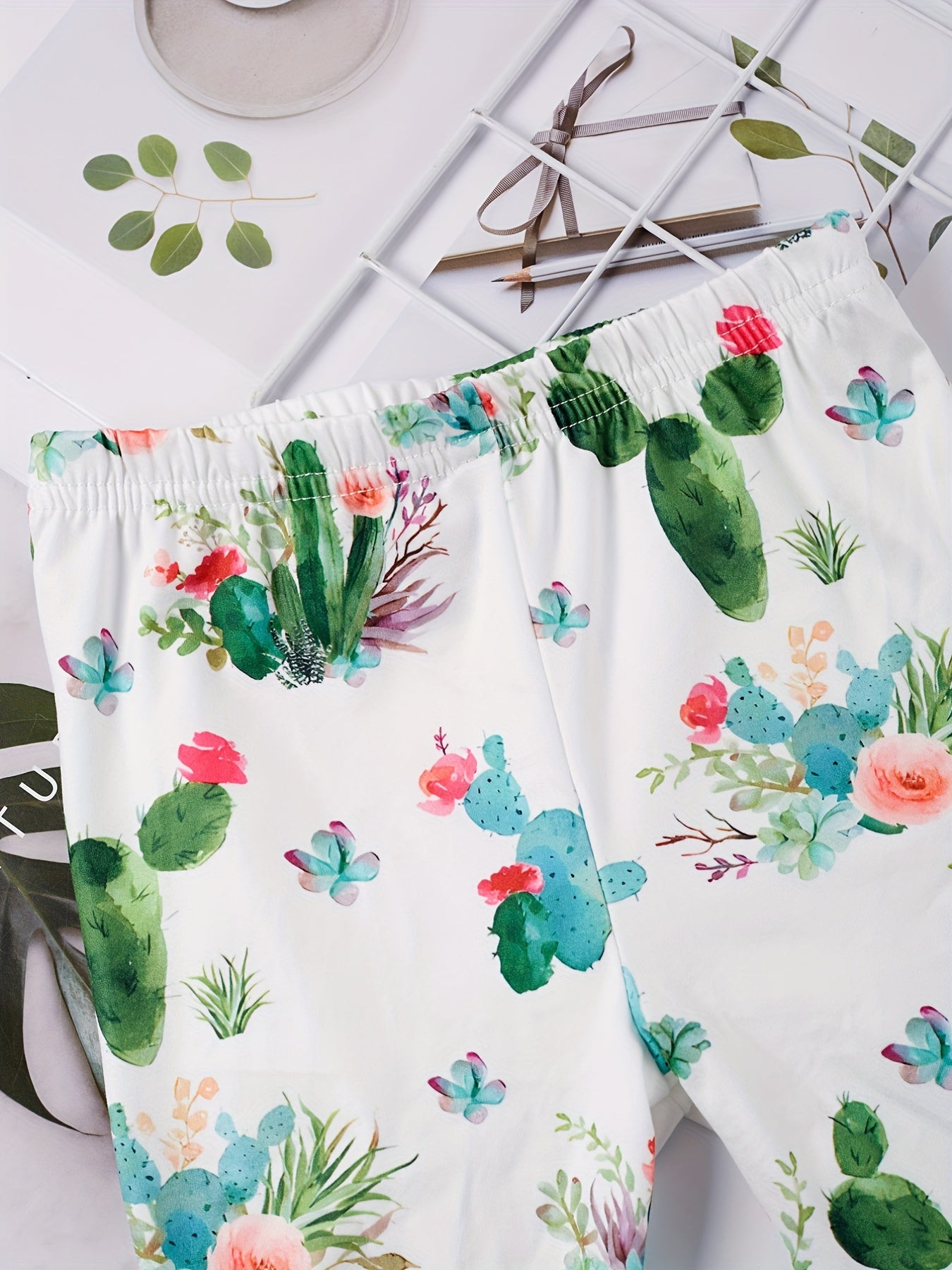 Girls Cartoon Cactus Slim Flare Leg Pants