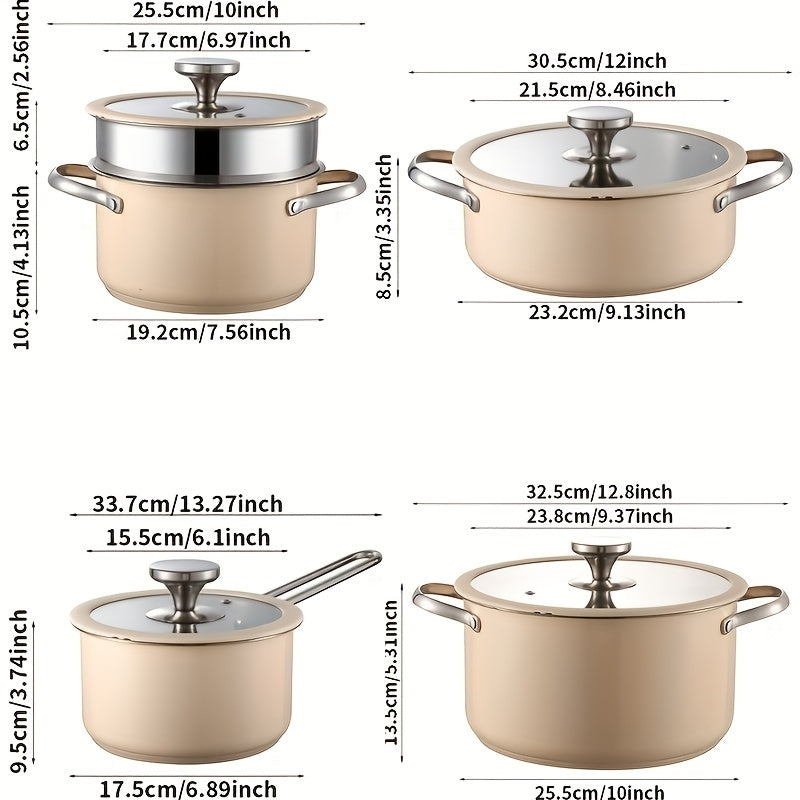 4pcs Stainless Steel Cooking Pot Set Beige Pink Green Ceramic Spray