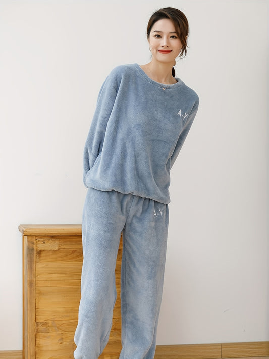 Cozy Letter Print Pajama Set with Long Sleeve Top & Elastic Waistband Pant