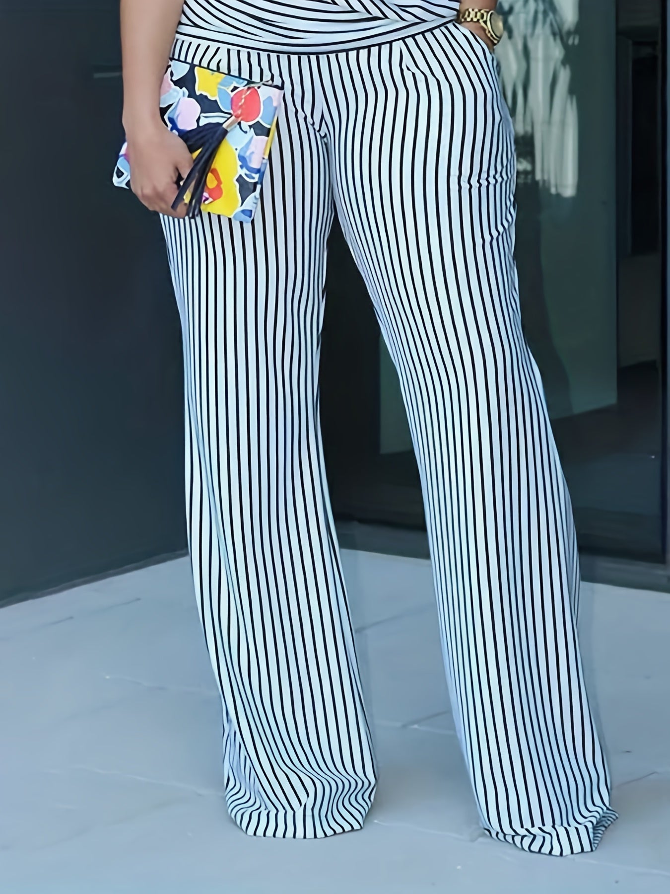  Women's Stripe Print High Rise Straight Leg Trousers