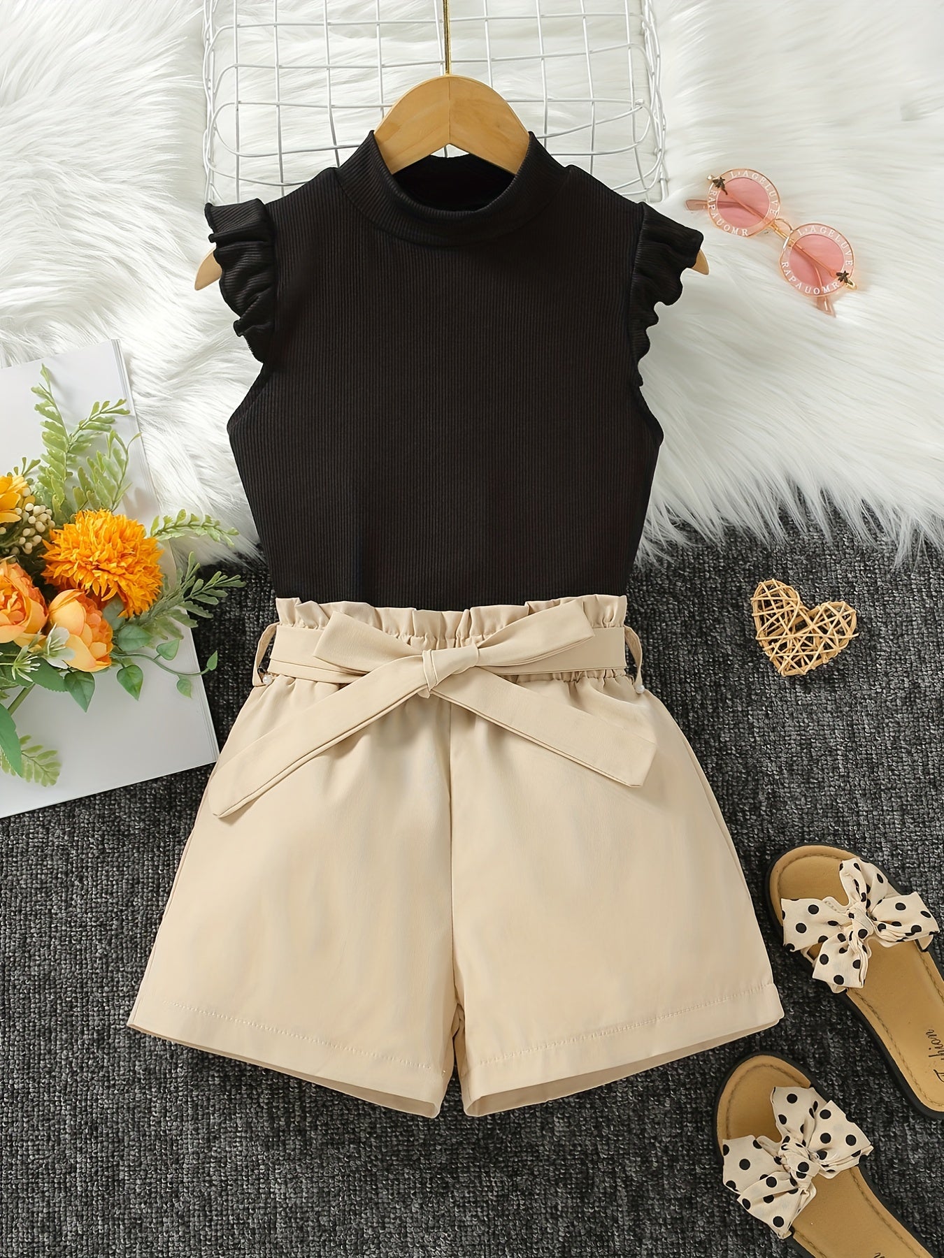 Girls 2pcs Sleeveless Top & Elastic Waist Shorts Summer Kids Clothes