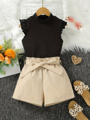 Girls 2pcs Sleeveless Top & Elastic Waist Shorts Summer Kids Clothes