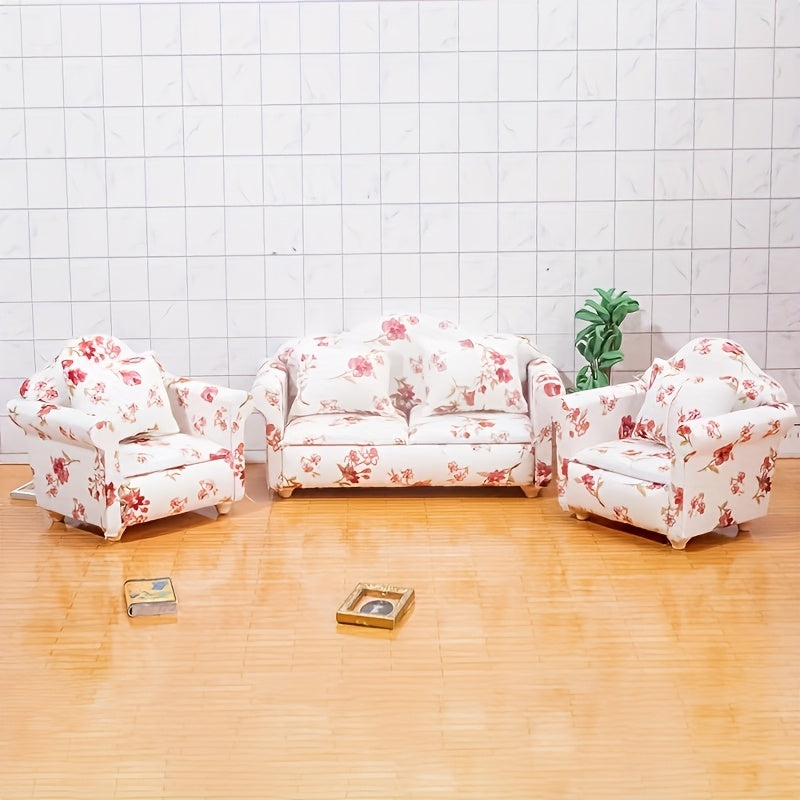 Pink Floral Mini Sofa Set Dollhouse Furniture Decoration