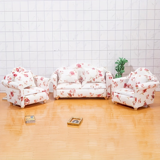 Pink Floral Mini Sofa Set Dollhouse Furniture Decoration