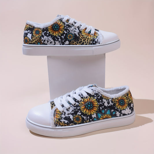Floral & Leopard Print Lace-Up Low Round Toe Lightweight Flat Shoes