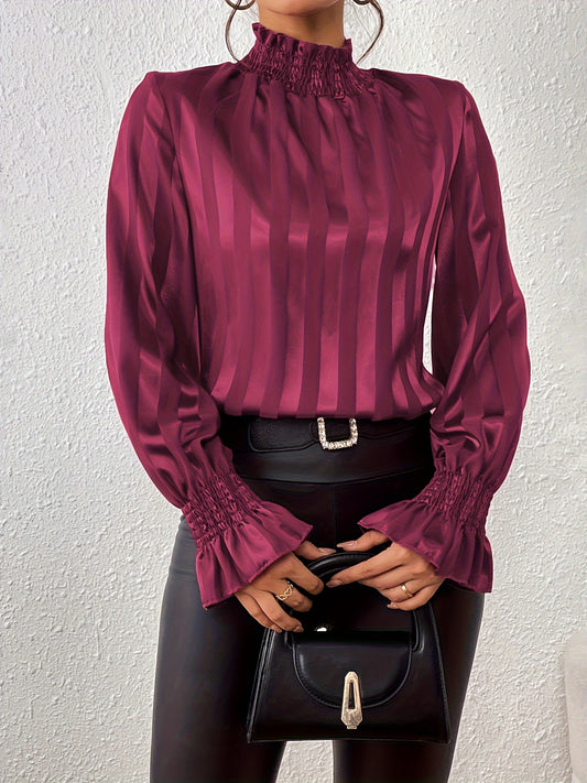  Solid Satin Flounce Sleeve Blouse