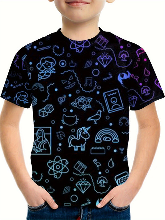 Boys Line Drawing Print Tee Short Sleeve Round Neck T shirt