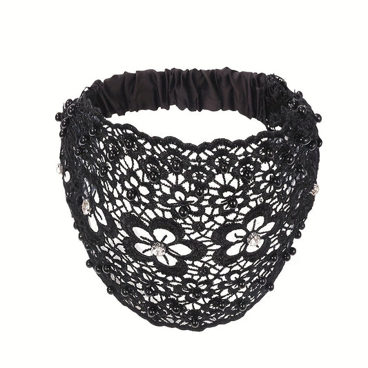 Floral Lace Hair Band Retro Wide Mesh Headdress Headwear Rhinestone Decor