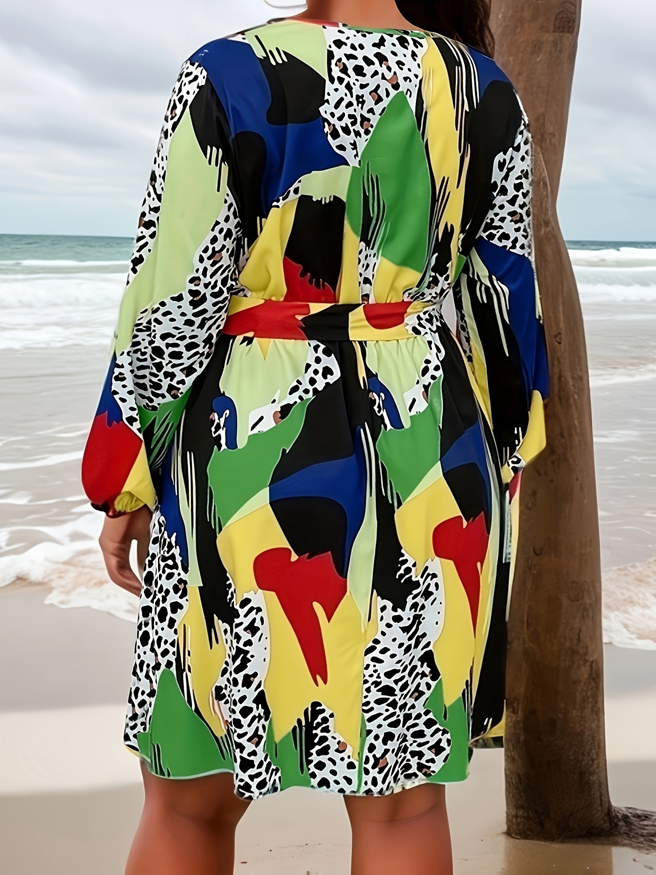  Colorblock Leopard Print Ruffle Long Sleeve Dress