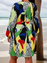  Colorblock Leopard Print Ruffle Long Sleeve Dress