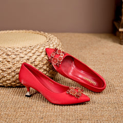 Floral Rhinestone Wedding Pumps Red Pointed Toe Mid Heels