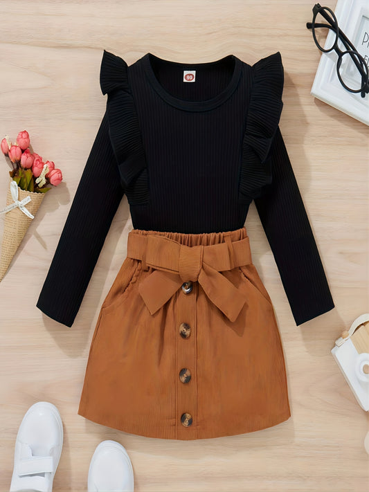 Toddler Girl's Ribbed Top & Corduroy Skirt Set Outfit for Spring Autumn