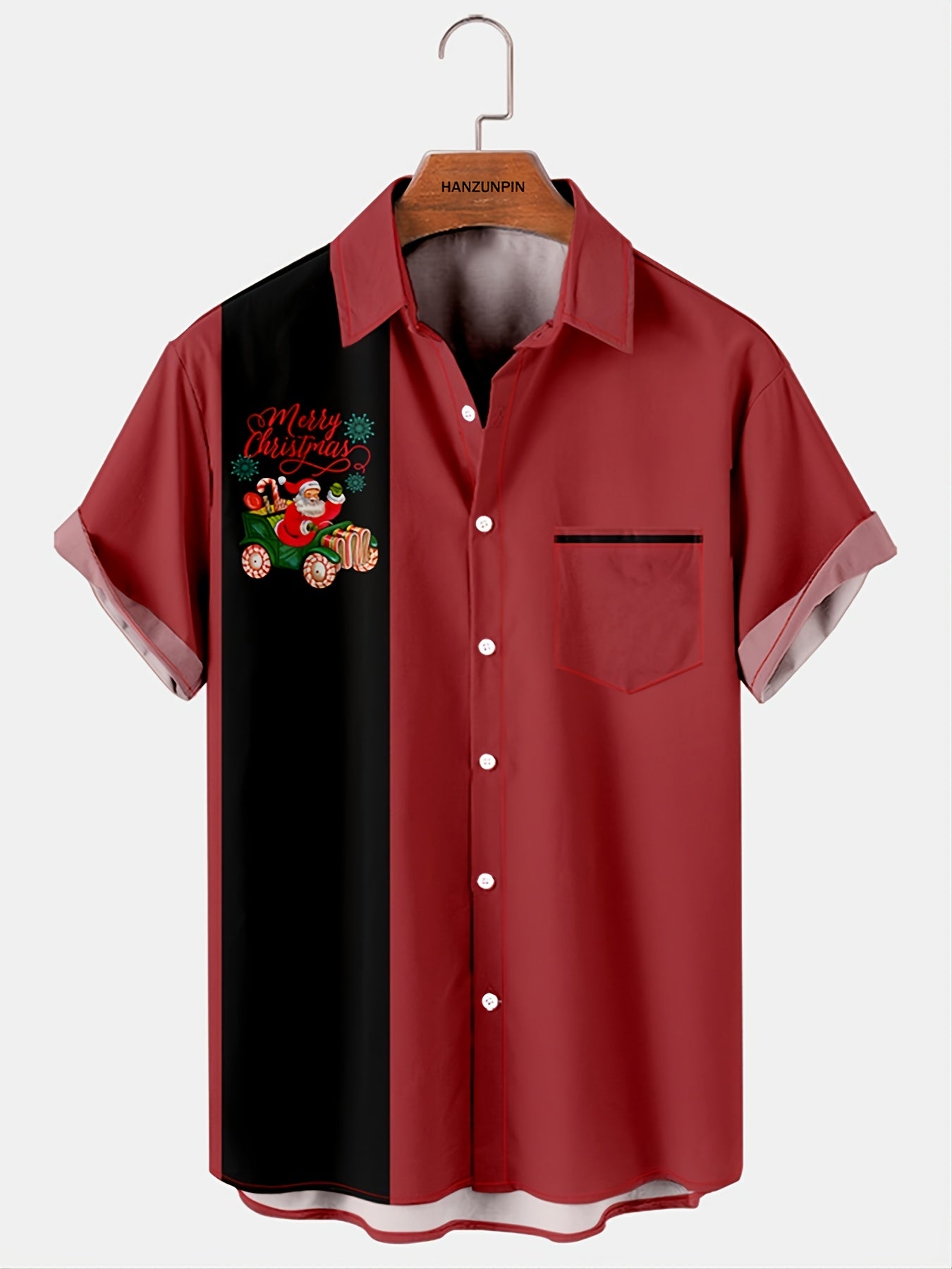 Men's Red Striped Lapel Shirt with Santa Print