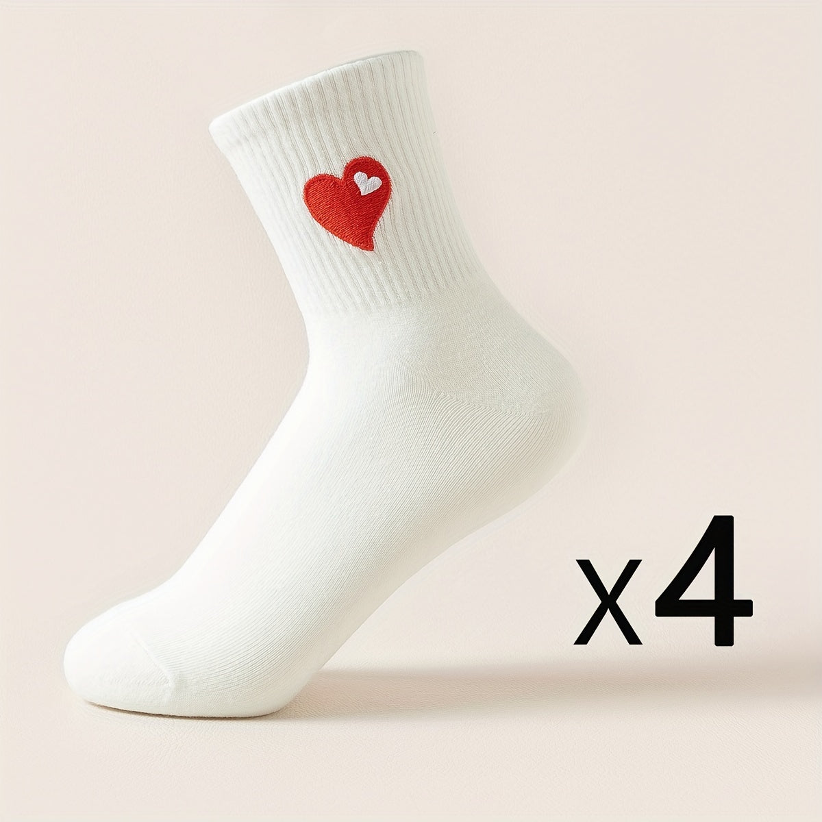 4 Pairs Heart Embroidery Socks Mid Tube Stockings