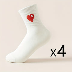 4 Pairs Heart Embroidery Socks Mid Tube Stockings