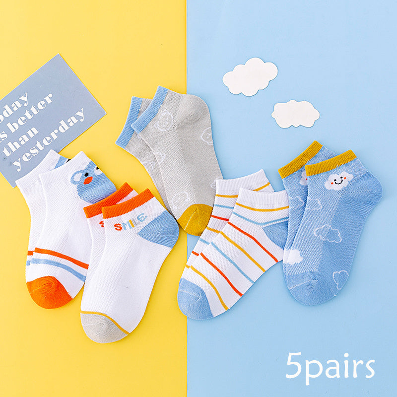 5 Pairs Boys Mesh Breathable Socks Cartoon Cloud Pattern