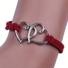 Vintage Double Love Heart PU Leather Rope Bracelet Adjustable Braided Bracelet