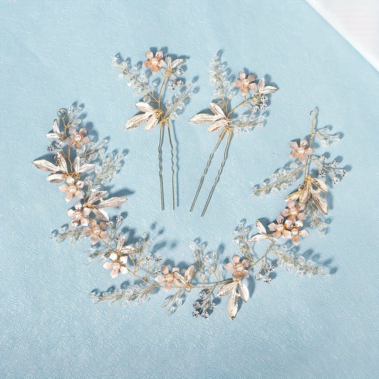 3pcs Flower & Crystal Bridal Headwear Hair Band & Pin