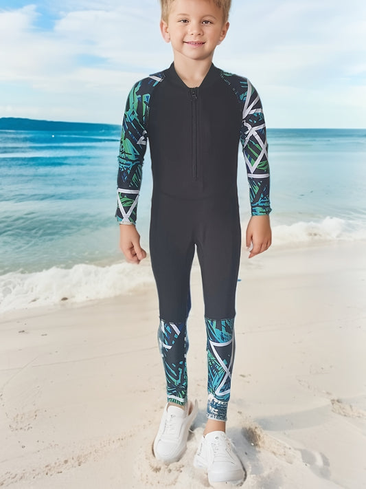 Geometric One-piece Swimsuit Boys Long Sleeve Surfing Suit Kids Swimwear