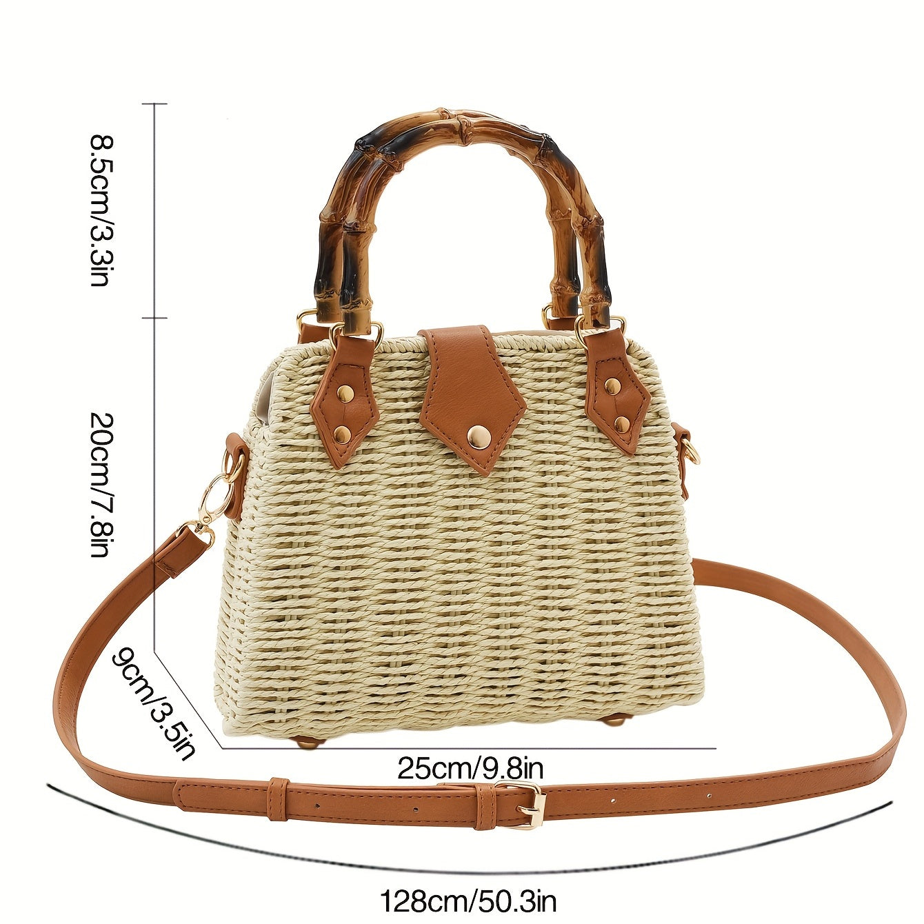 Straw Woven Crossbody Bag Bamboo Handle Satchel Purse