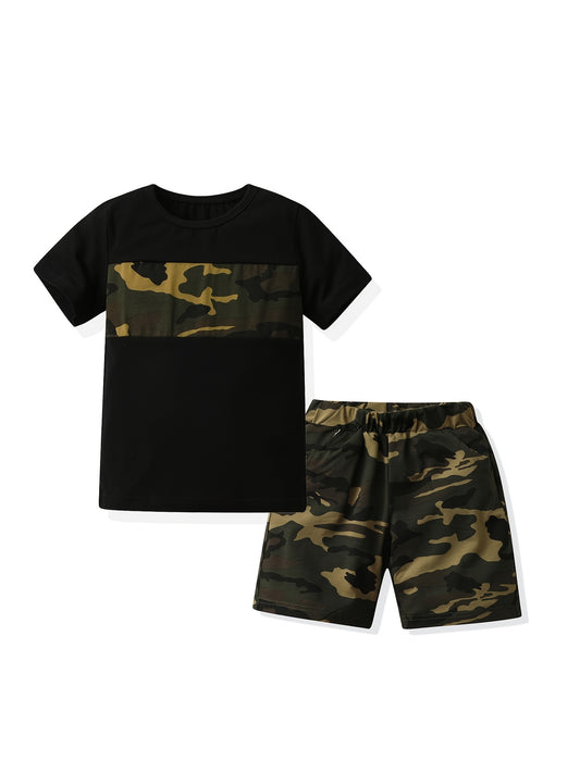 Boys Camo Print T-shirt and Shorts Set for Summer