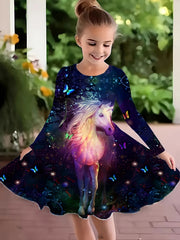 Girls 3D Unicorn & Butterfly Graphic Long Sleeve Dress