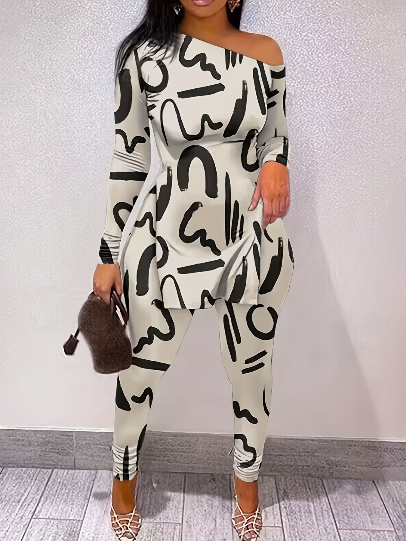 Abstract Print Two piece Set Off Shoulder Top & Pants