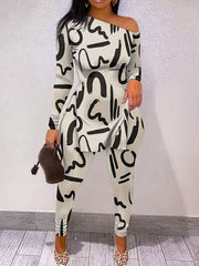 Abstract Print Two piece Set Off Shoulder Top & Pants
