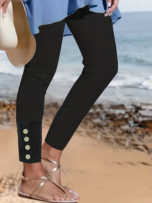  Casual Leggings Women's Plus Solid Button High Rise Leggings