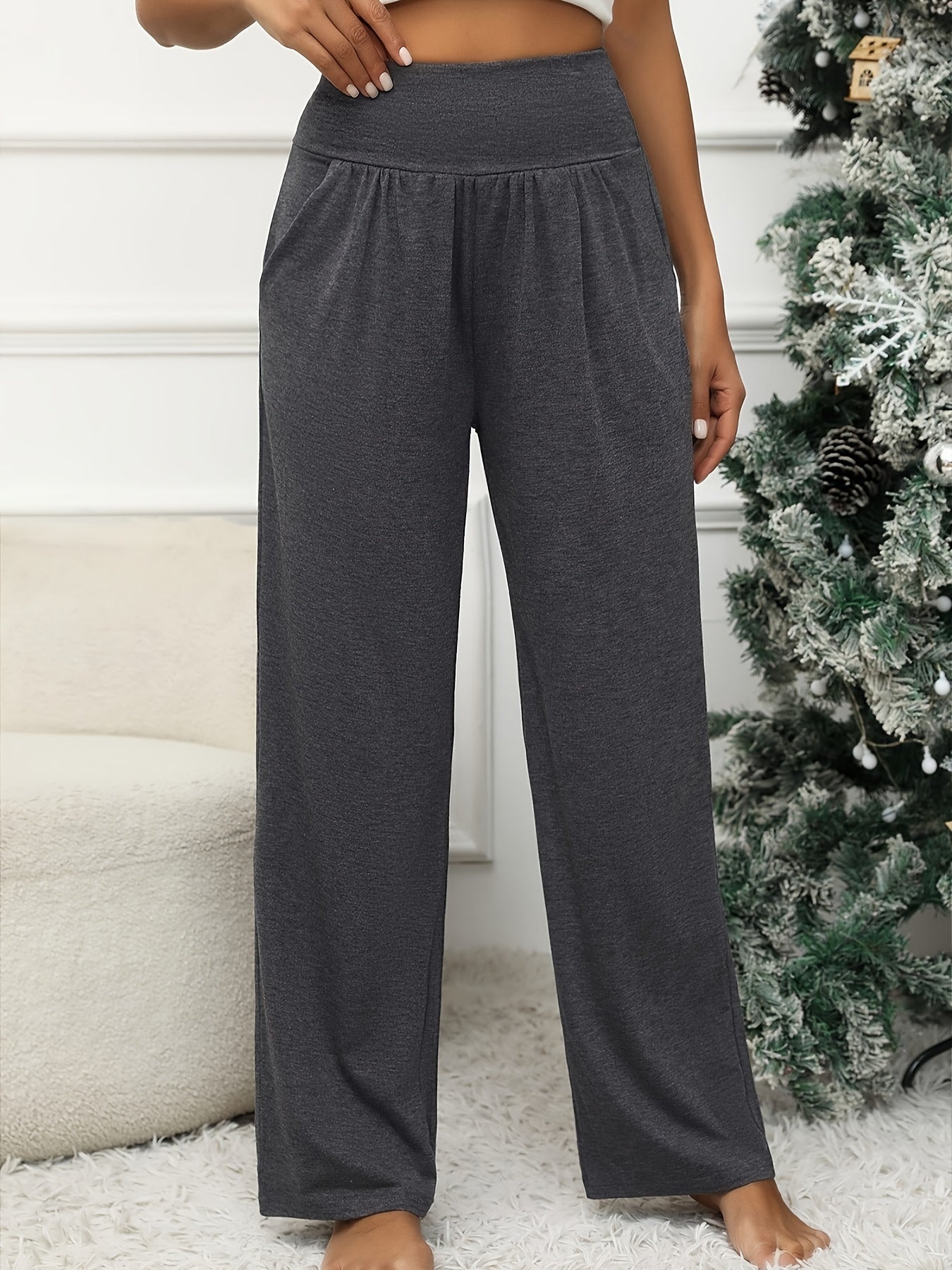  Solid Wideband Waist High Rise Wide Leg Trousers