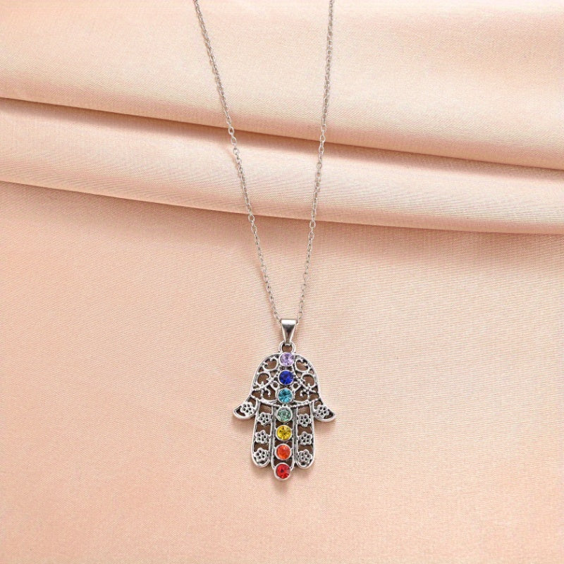 7 Chakra Palm Pendant Yoga Healing Stone Necklace Energy Balance Jewelry