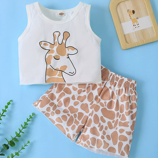 2pcs Giraffe Graphic Tank Crop Top & Shorts Set for Toddler Girls
