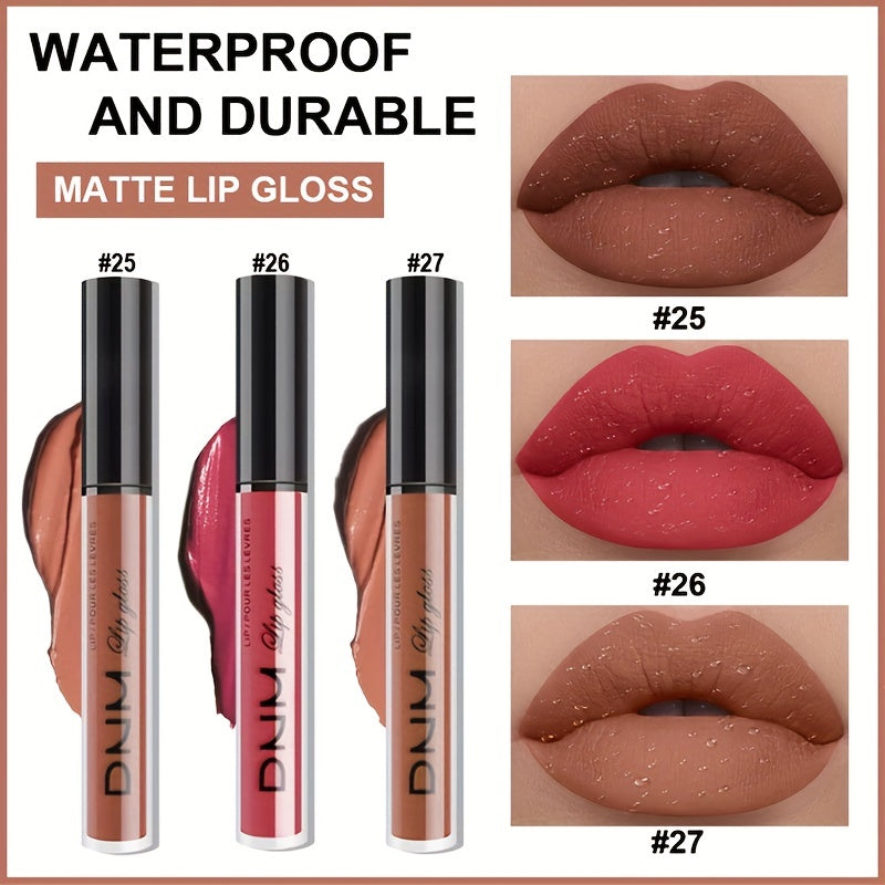 3pcs Matte Liquid Lipstick Set Dark Red Brown Smudge Proof Makeup