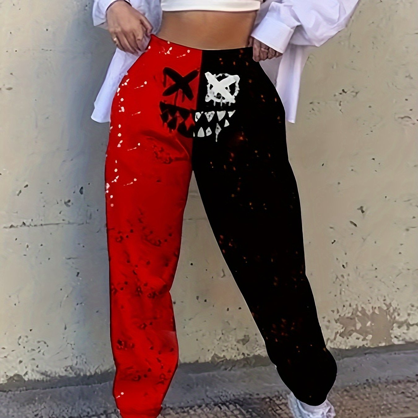  Colorblock Funny Face Print High Rise Joggers