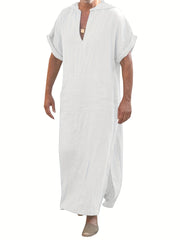 Vintage Islamic Arabic Kaftan For Men Short Sleeve Hooded V Neck Muslim Clothes