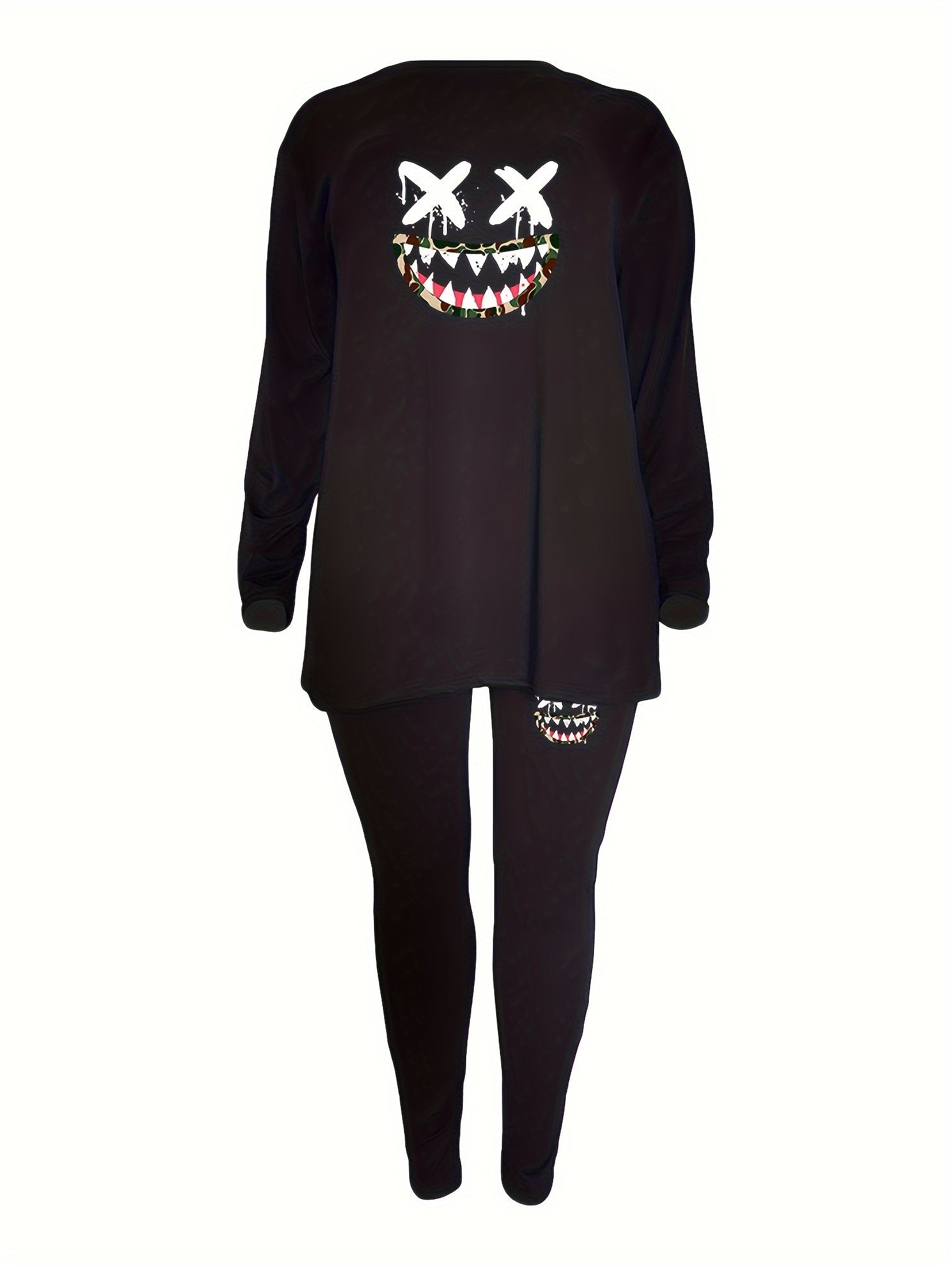  Women's Funny Face Print Tunic Top & Leggings Set