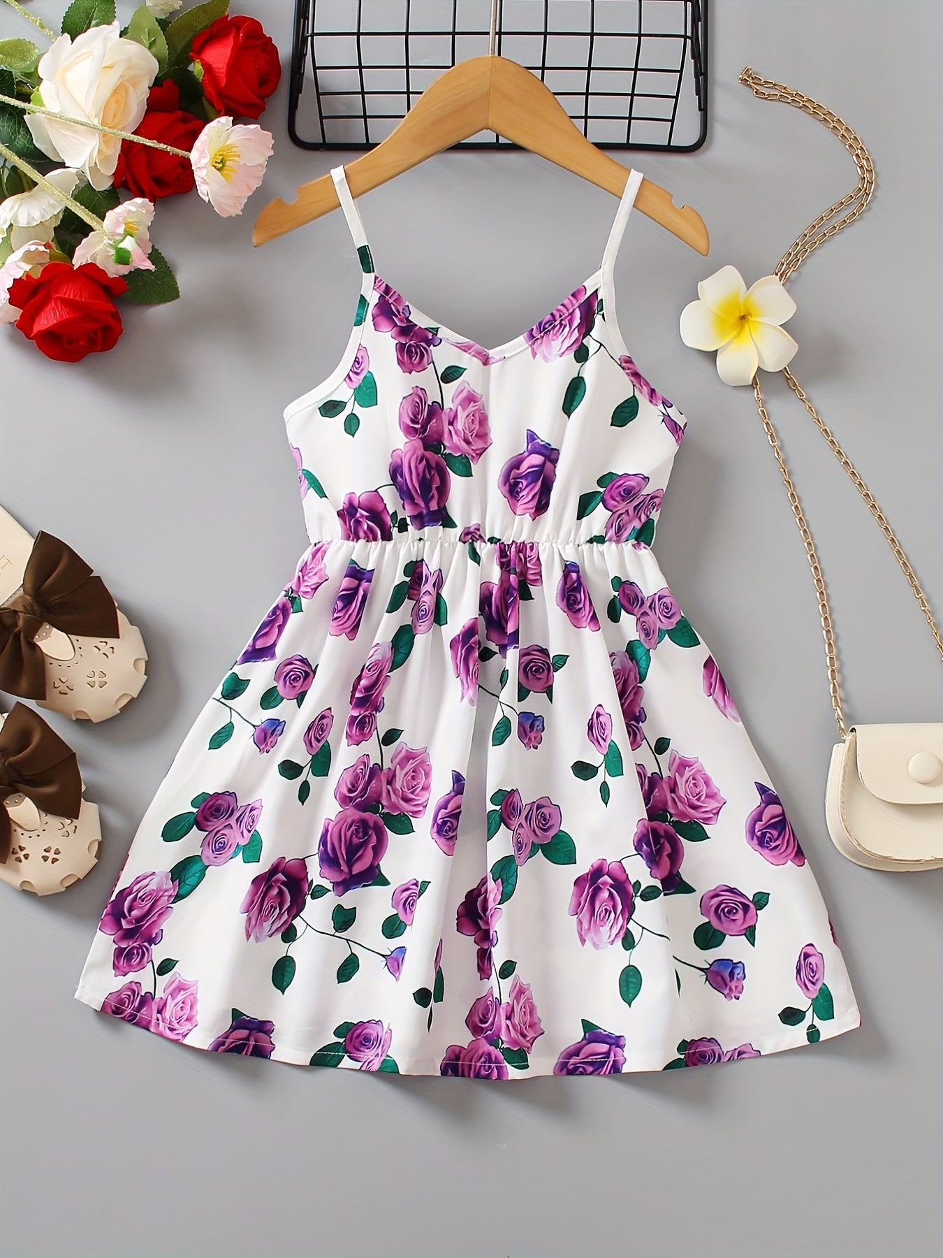 Girls Rose Print High Waist Cami Dress for Summer