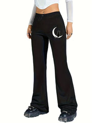  Cat & Moon Print Flared Leg Drawstring Skinny Pants