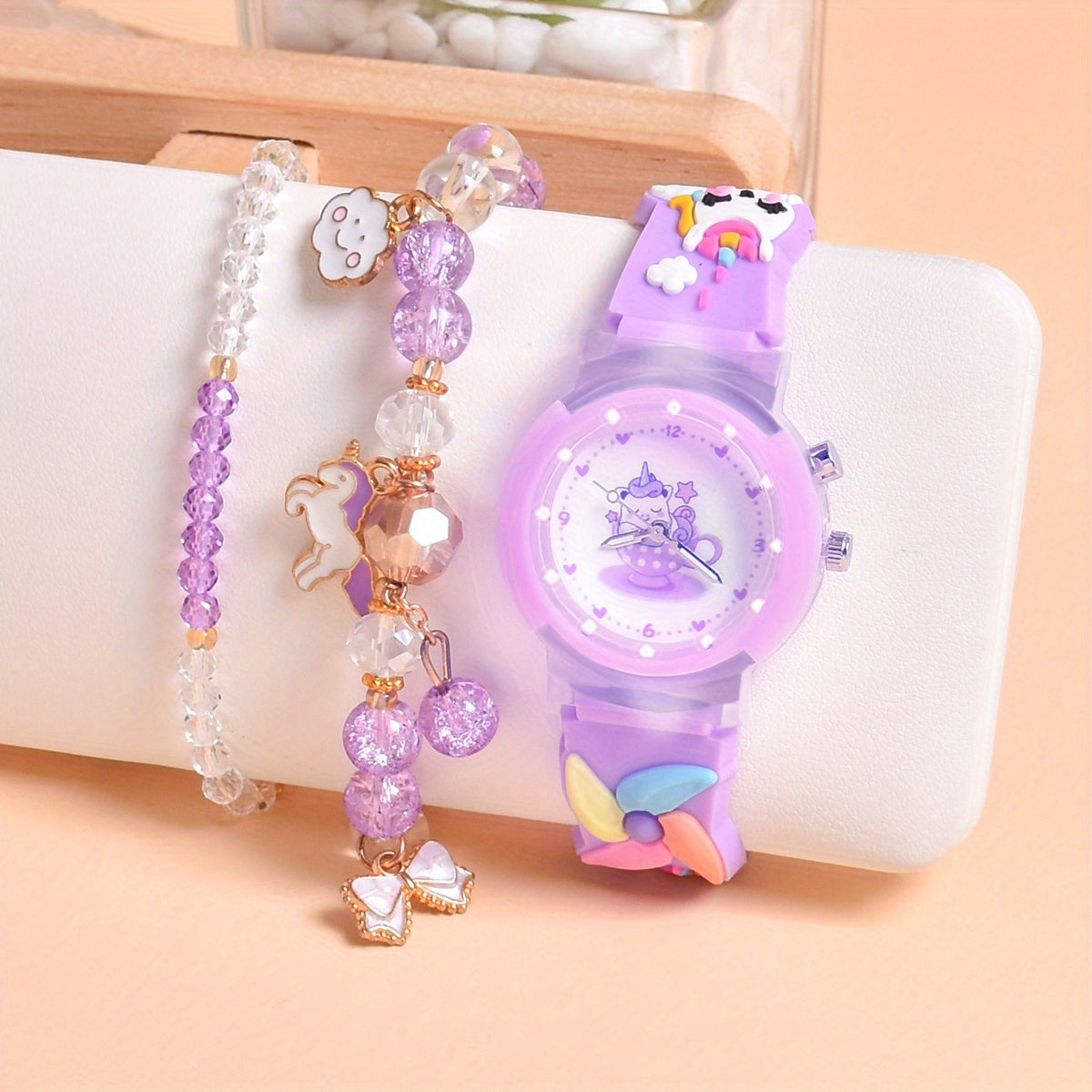 Cute Pony Quartz Watch for Girls with LED Light & Beaded Bracelet Set
