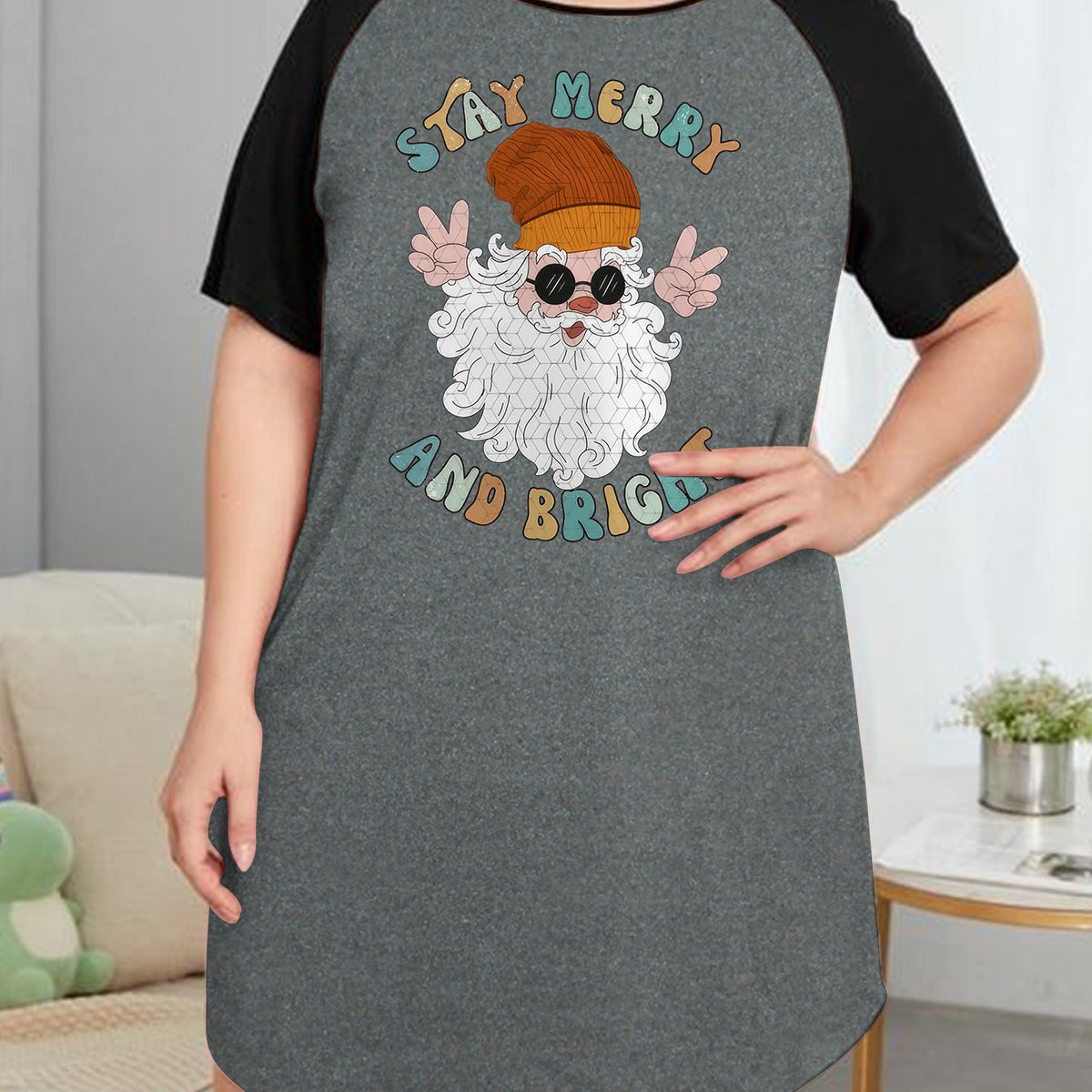 Women's Plus Size Santa Claus Print Nightdress Raglan Sleeve Tee Sleep Dress
