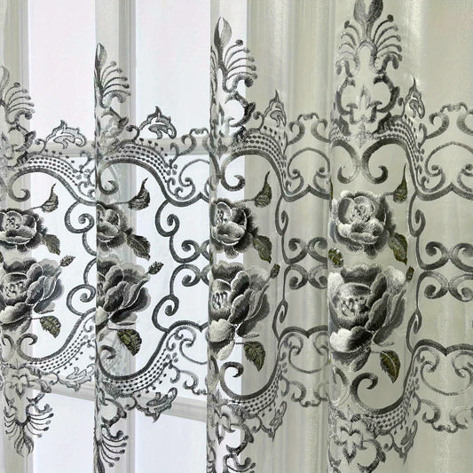 Grey Flower Embroidered Curtain for Home Decor